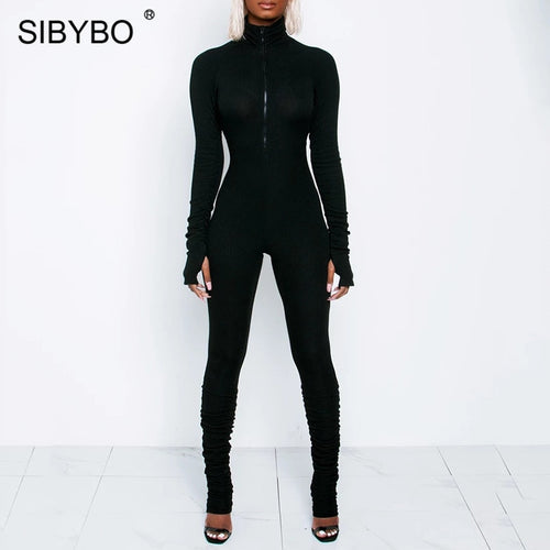 Sibybo Autumn Turtleneck Skinny Casual Jumpsuit Women Long Sleeve Front Zipper Sport Wear Womens Rompers Black Fitness Overalls