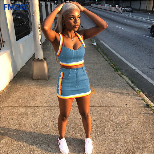 Femmes sexy 2 Deux pièces Set Summer Denim Jupe Set Jeans Sans Manches Crop Top + Mini Jupe Costume Bleu Denim Matching Outfit OL