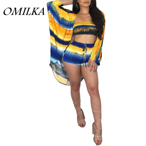OMILKA 2018 Summer Women 3 Piece Set Crop Top Shorts Cape Cardigan Set Sexy Striped Colorful Club Party Beach Clothing Set